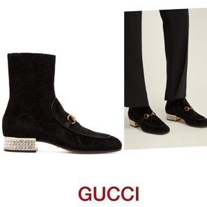 GUCCI Mister GG monogram horsebit velvet crystal embellished boots-Black-EU 36.5